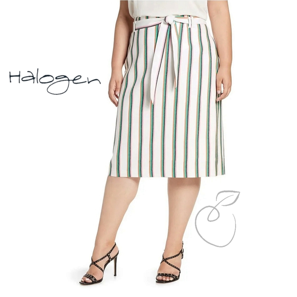 HALOGEN TIE WAIST STRIPE SKIRT WHITE MULTI